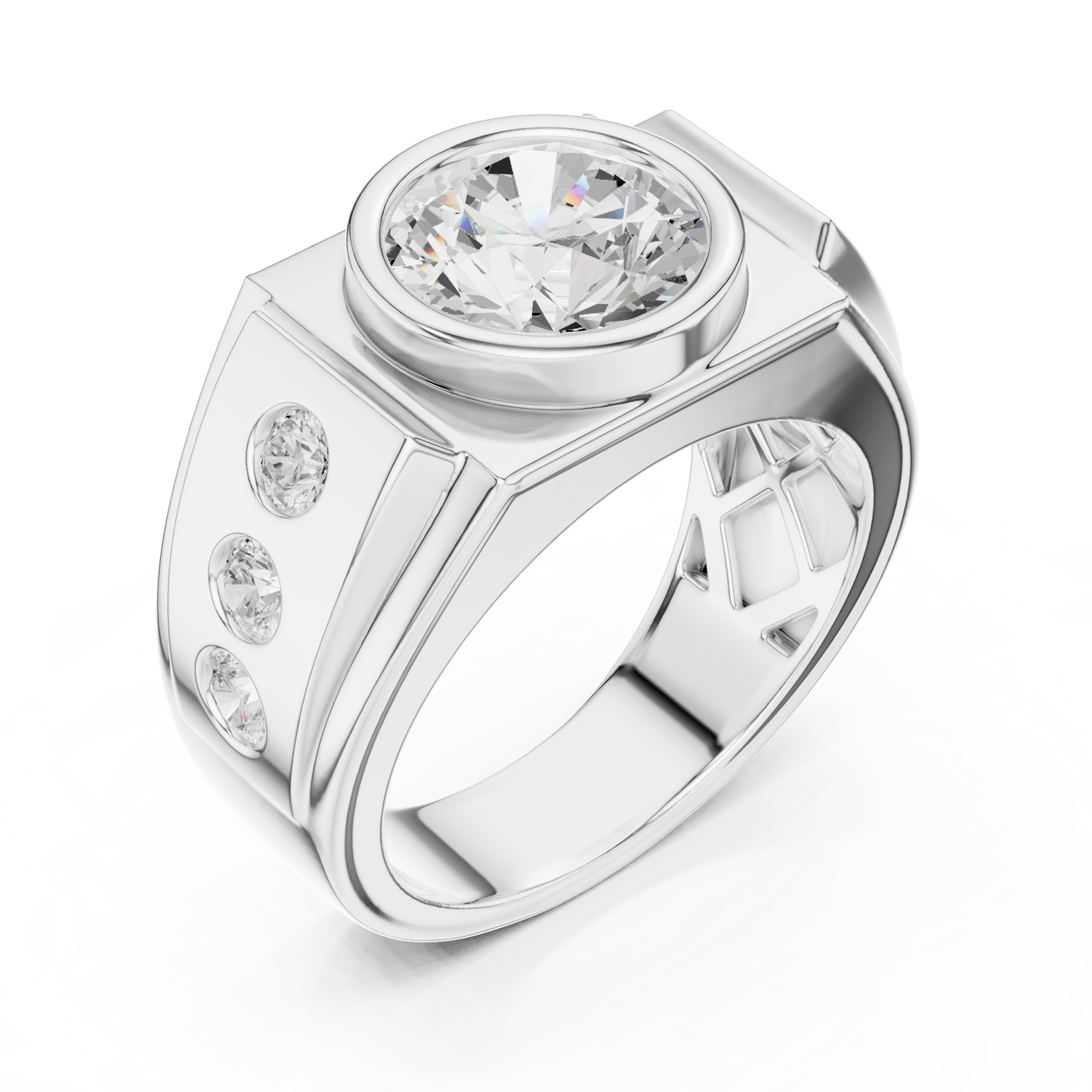 3.66 CTW Round Lab-Grown Diamond Bezel-Set Men’s Statement Ring with Side Diamonds in 14K Gold