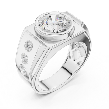 3.66 CTW Round Lab-Grown Diamond Bezel-Set Men’s Statement Ring with Side Diamonds in 14K Gold