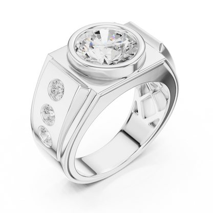 3.66 CTW Round Lab-Grown Diamond Bezel-Set Men’s Statement Ring with Side Diamonds in 14K Gold