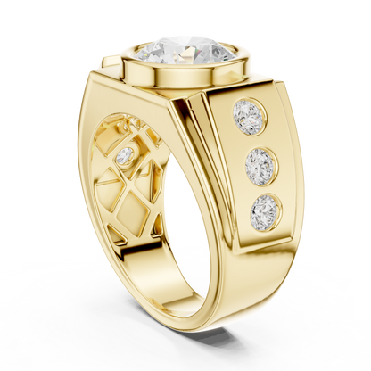 3.66 CTW Round Lab-Grown Diamond Bezel-Set Men’s Statement Ring with Side Diamonds in 14K Gold