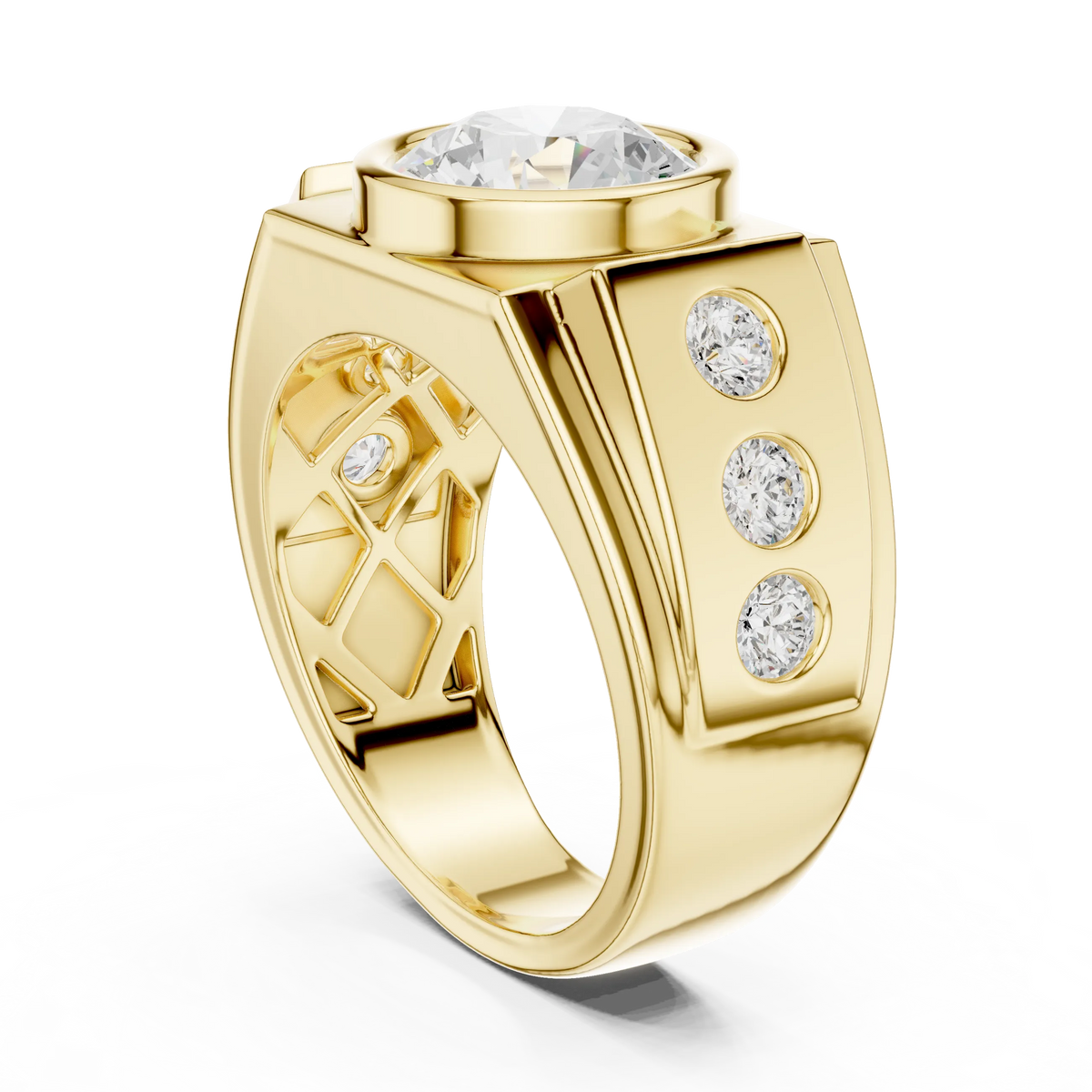 3.66 CTW Round Lab-Grown Diamond Bezel-Set Men’s Statement Ring with Side Diamonds in 14K Gold