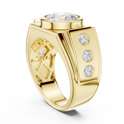3.66 CTW Round Lab-Grown Diamond Bezel-Set Men’s Statement Ring with Side Diamonds in 14K Gold