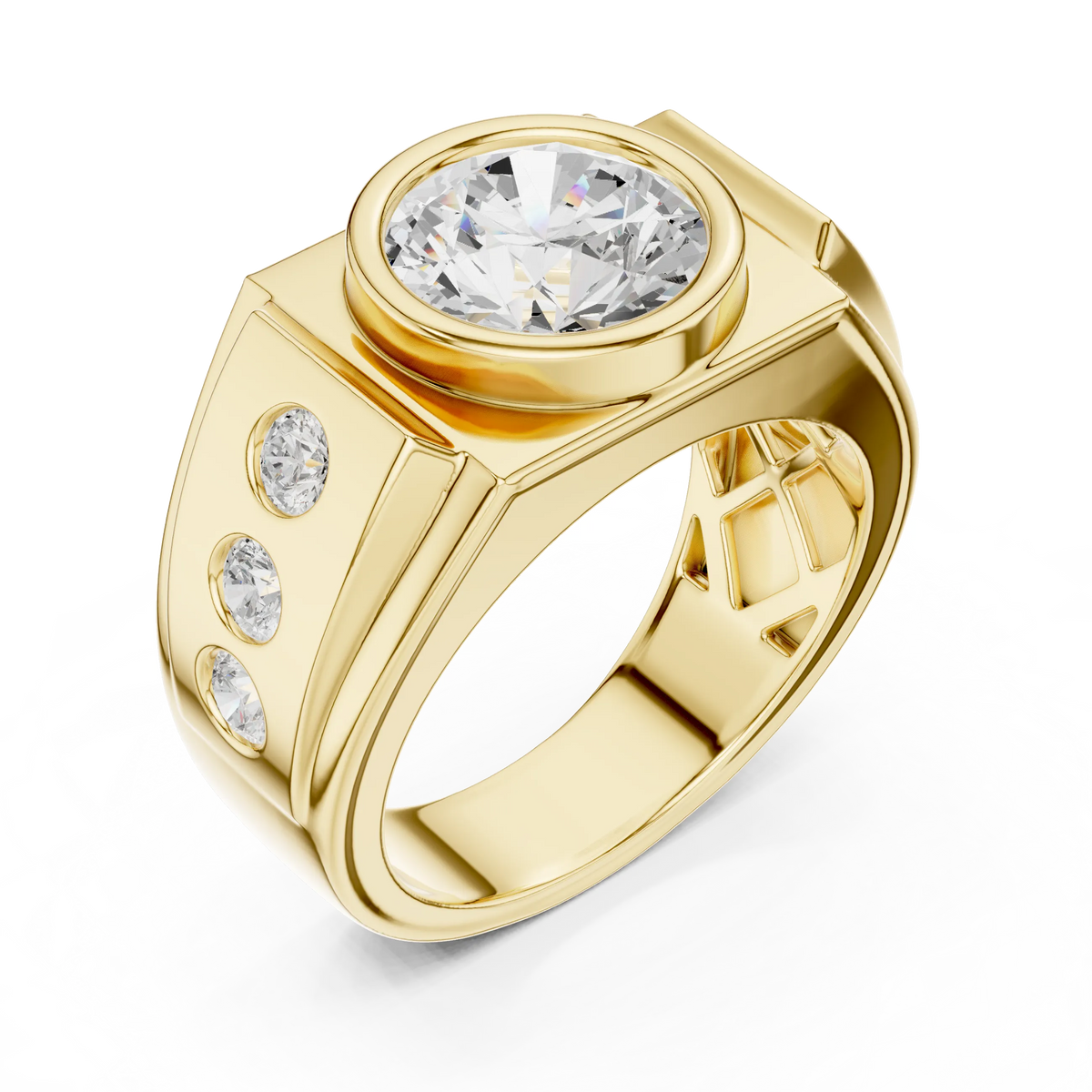 3.66 CTW Round Lab-Grown Diamond Bezel-Set Men’s Statement Ring with Side Diamonds in 14K Gold