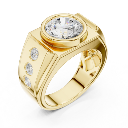 3.66 CTW Round Lab-Grown Diamond Bezel-Set Men’s Statement Ring with Side Diamonds in 14K Gold