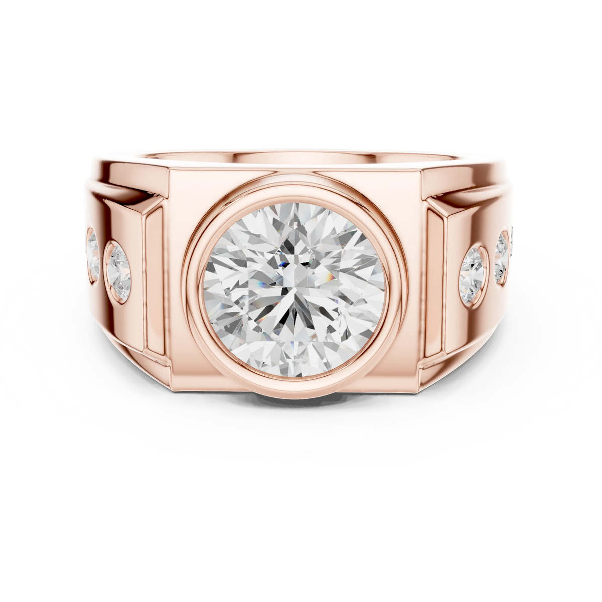 3.66 CTW Round Lab-Grown Diamond Bezel-Set Men’s Statement Ring with Side Diamonds in 14K Gold
