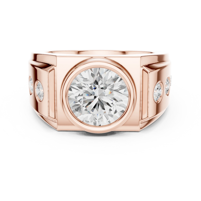 3.66 CTW Round Lab-Grown Diamond Bezel-Set Men’s Statement Ring with Side Diamonds in 14K Gold