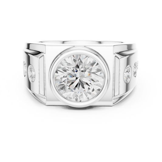 3.66 CTW Round Lab-Grown Diamond Bezel-Set Men’s Statement Ring with Side Diamonds in 14K Gold