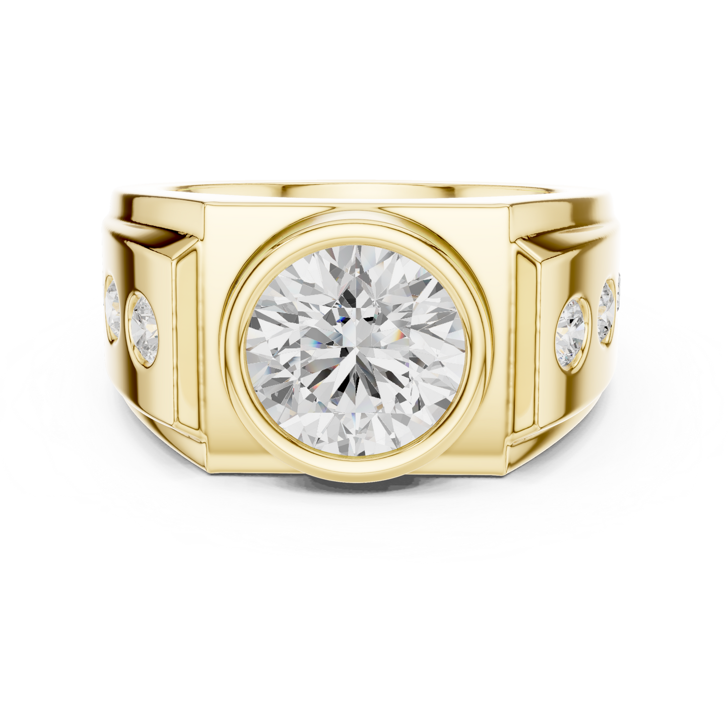 3.66 CTW Round Lab-Grown Diamond Bezel-Set Men’s Statement Ring with Side Diamonds in 14K Gold