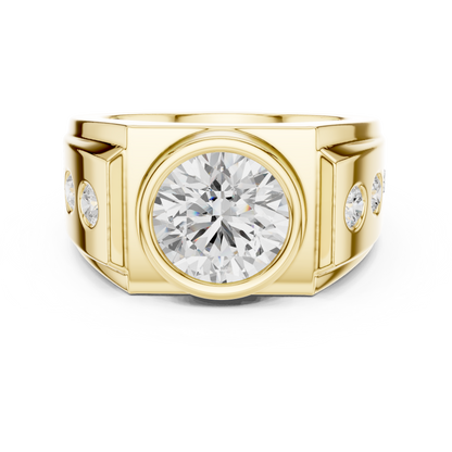 3.66 CTW Round Lab-Grown Diamond Bezel-Set Men’s Statement Ring with Side Diamonds in 14K Gold