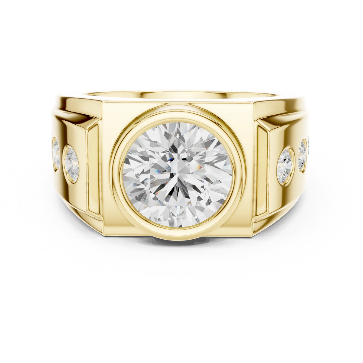 3.66 CTW Round Lab-Grown Diamond Bezel-Set Men’s Statement Ring with Side Diamonds in 14K Gold