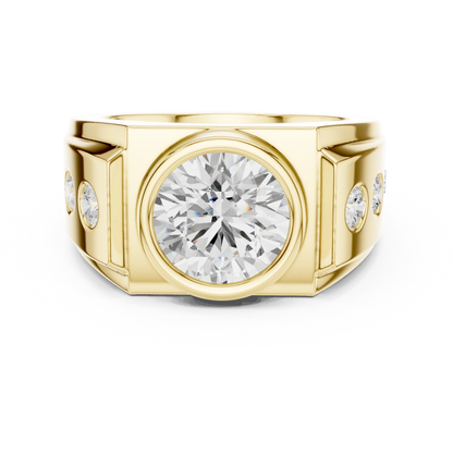 3.66 CTW Round Lab-Grown Diamond Bezel-Set Men’s Statement Ring with Side Diamonds in 14K Gold