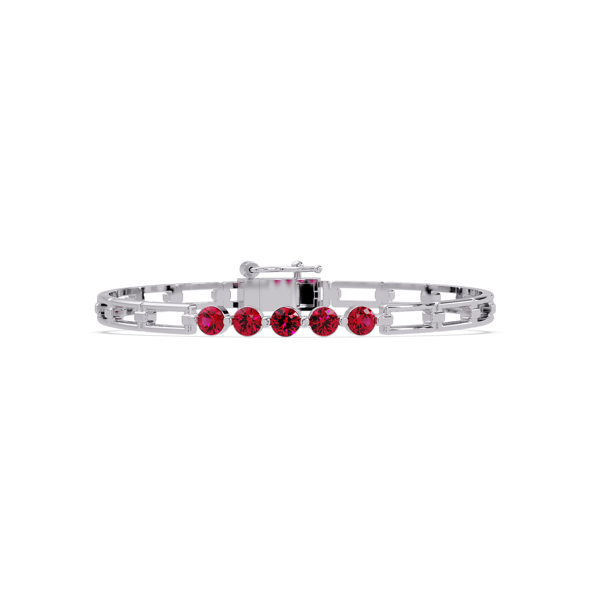 Five-stone round gemstone open-link bracelet in White gold with red stones