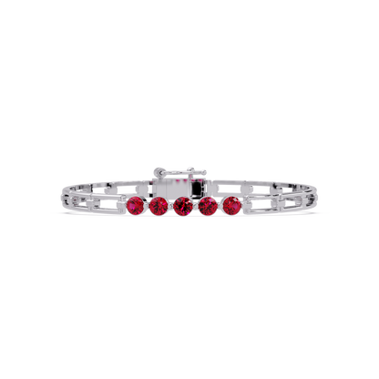 Five-stone round gemstone open-link bracelet in White gold with red stones