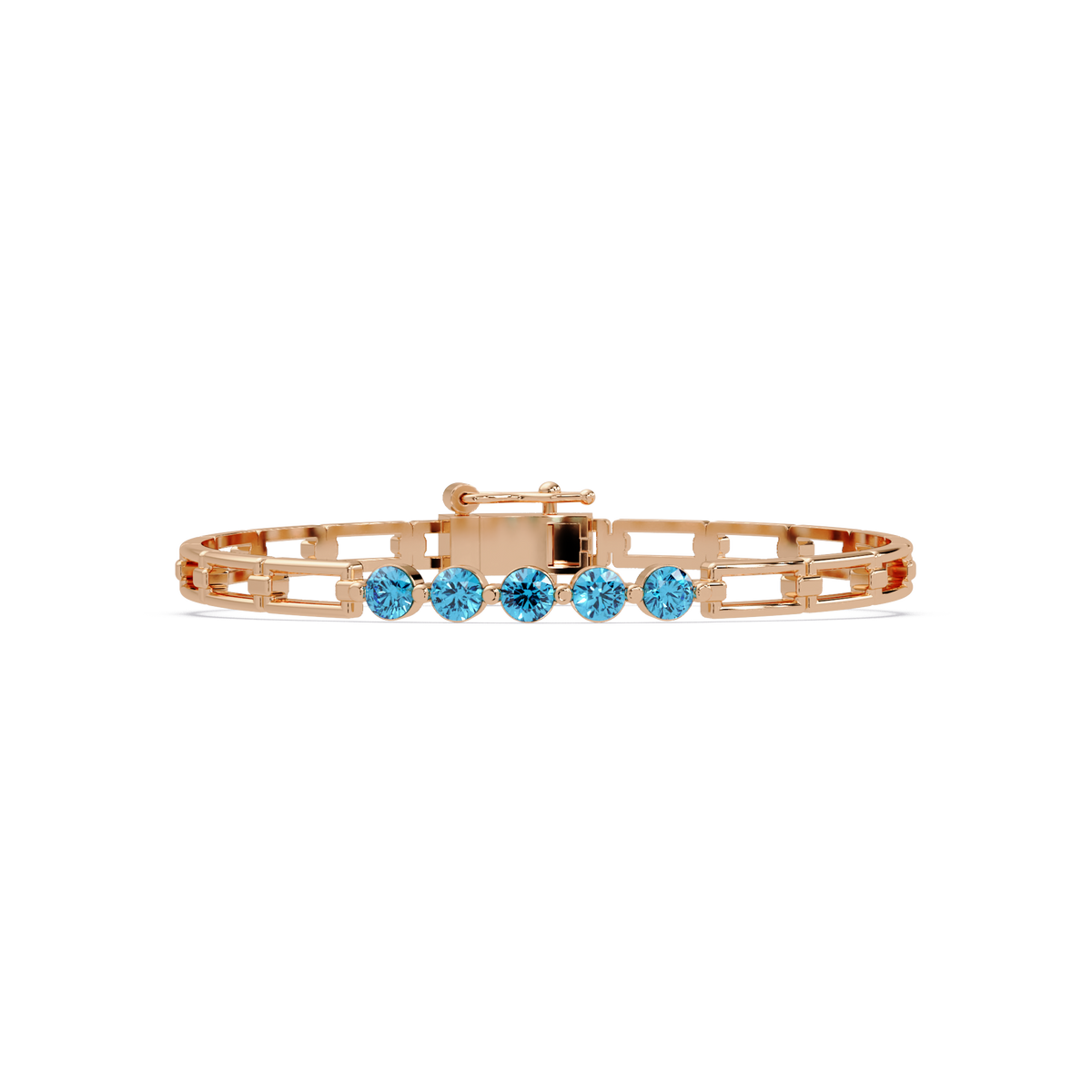 Five-stone round gemstone open-link bracelet in Rose gold with aquamarine stones