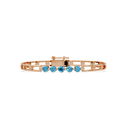 Five-stone round gemstone open-link bracelet in Rose gold with aquamarine stones