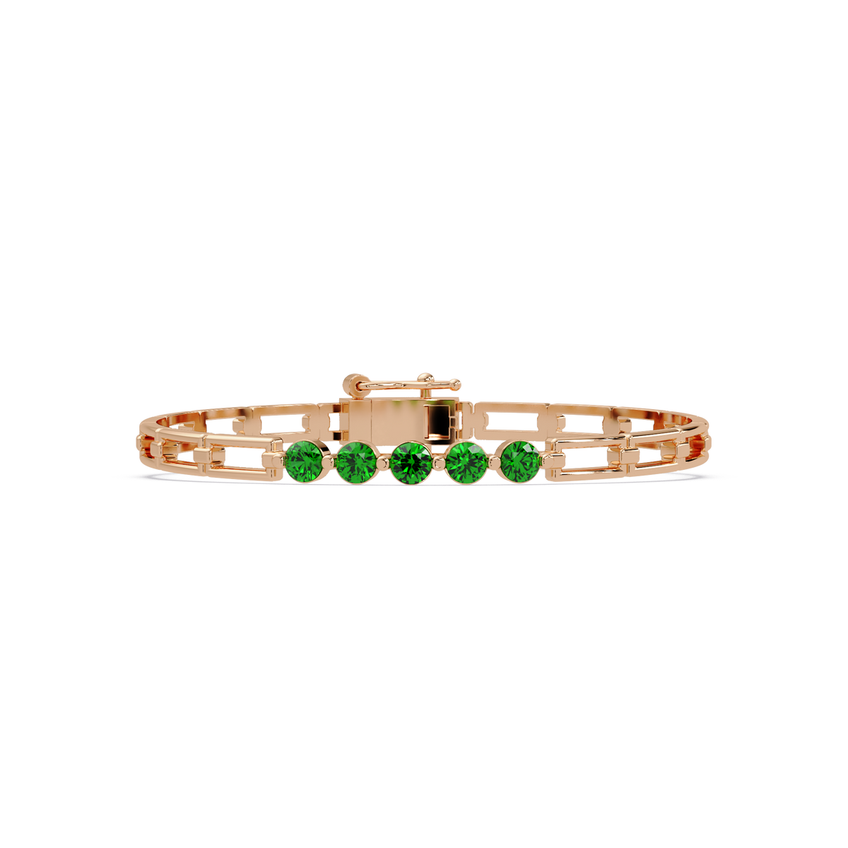 Five-stone round gemstone open-link bracelet in Rose gold with green stones