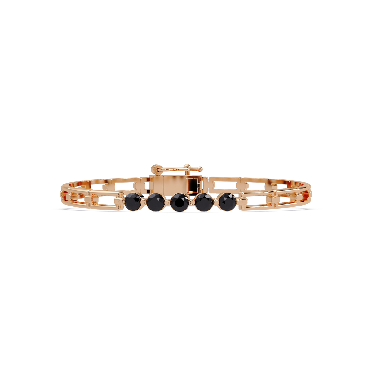 Five-stone round gemstone open-link bracelet in Rose gold with onyx stones