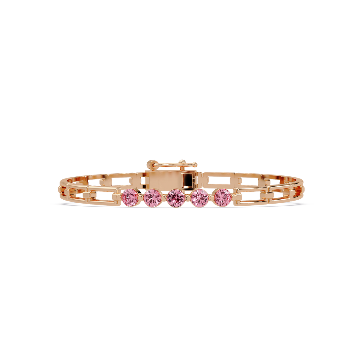 Five-stone round gemstone open-link bracelet in Rose gold with pink stones