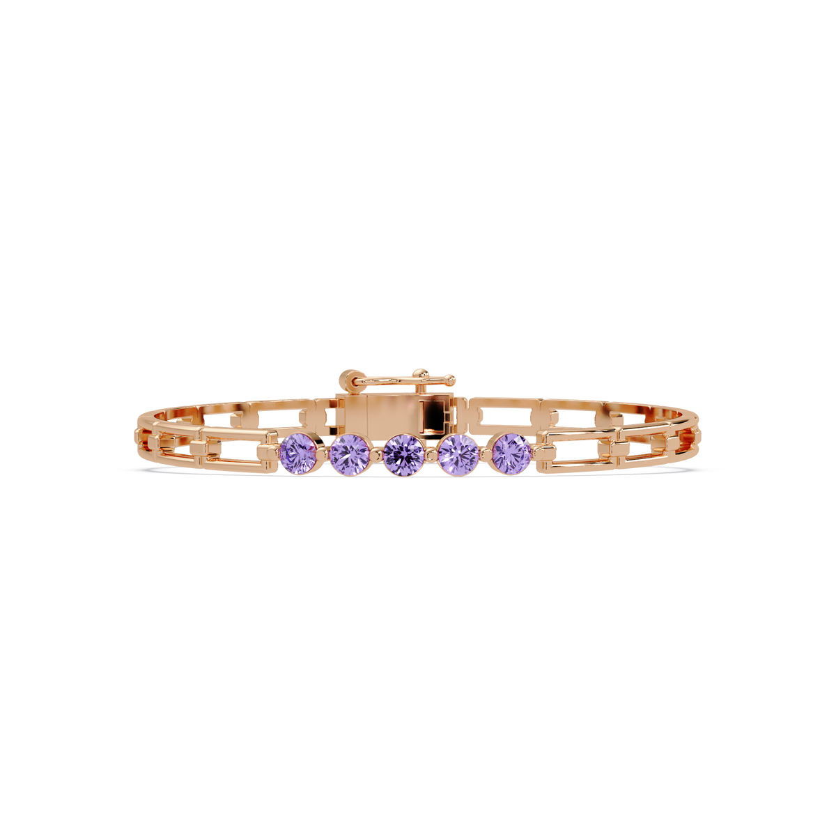 Five-stone round gemstone open-link bracelet in Rose gold with purple stones