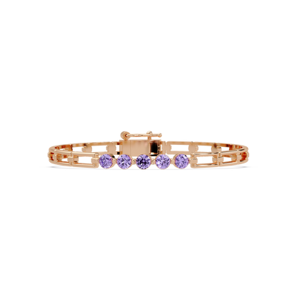 Five-stone round gemstone open-link bracelet in Rose gold with purple stones