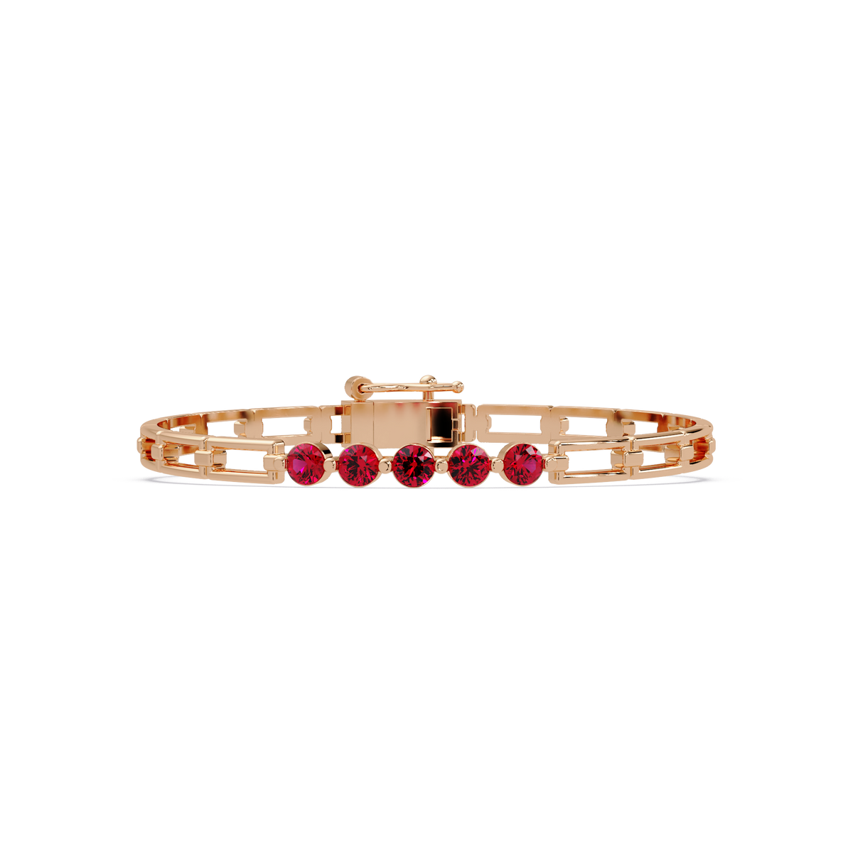 Five-stone round gemstone open-link bracelet in Rose gold with red stones