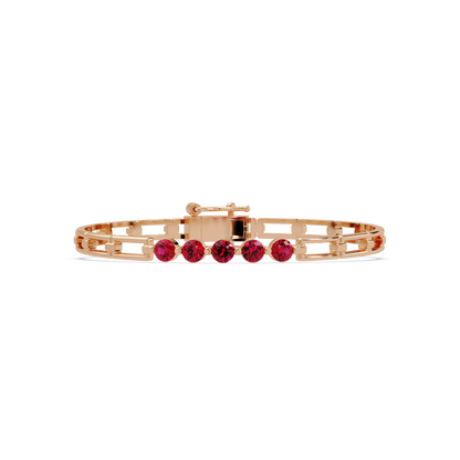 Five-stone round gemstone open-link bracelet in Rose gold with red stones