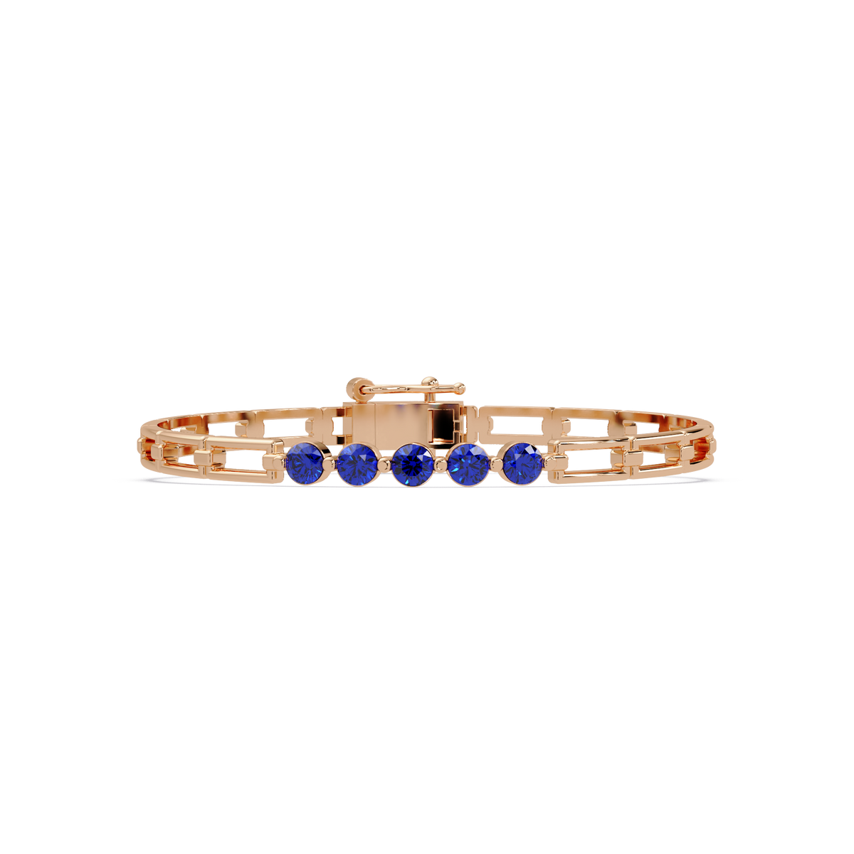 Five-stone round gemstone open-link bracelet in Rose gold with sapphire stones