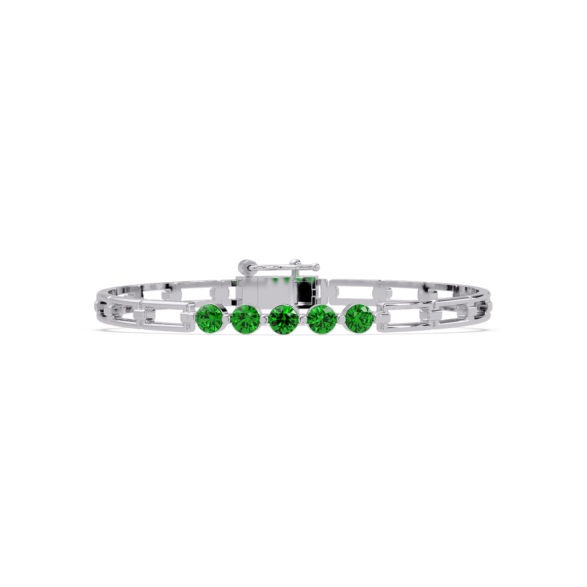 Five-stone round gemstone open-link bracelet in White gold with green stones