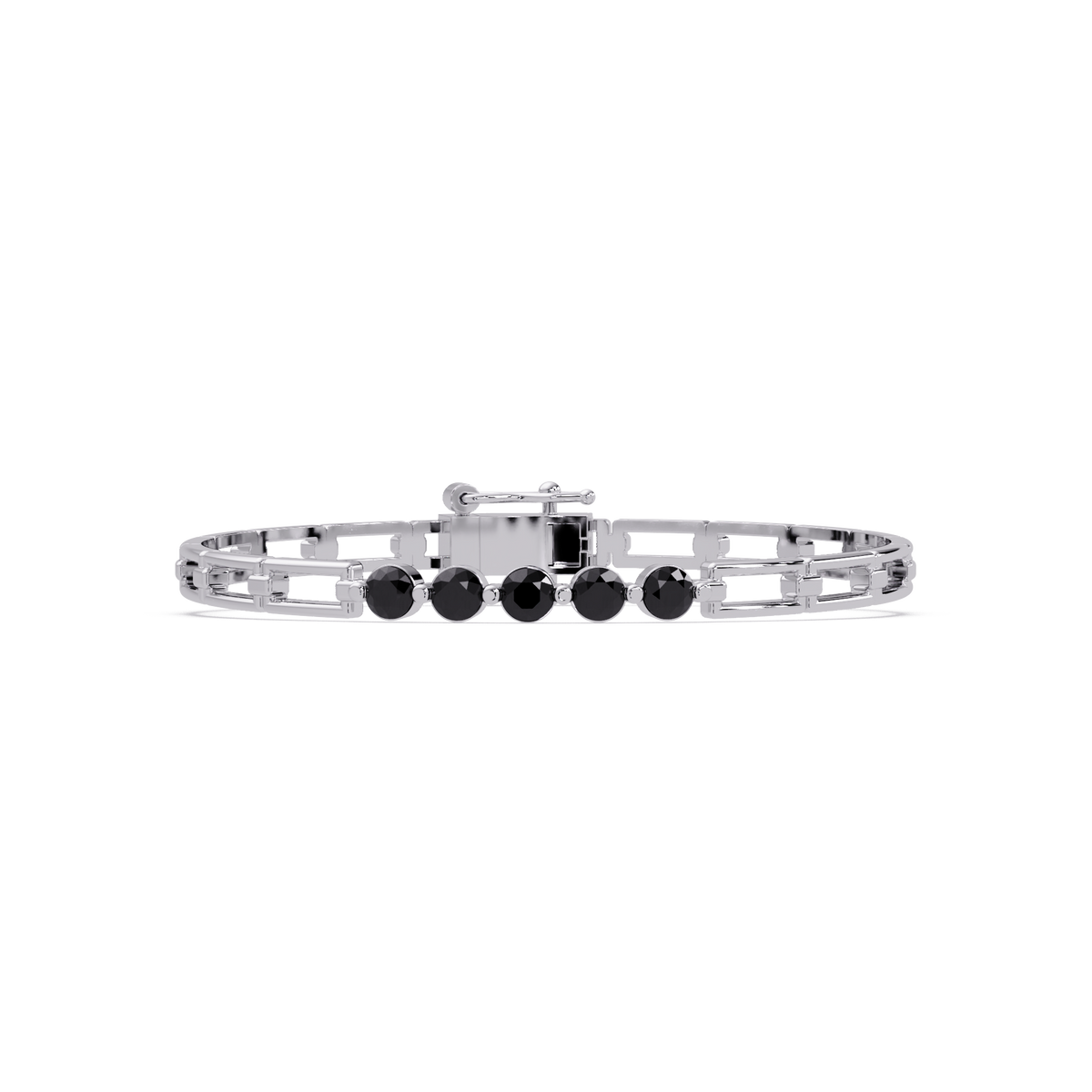 Five-stone round gemstone open-link bracelet in White gold with onyx stones
