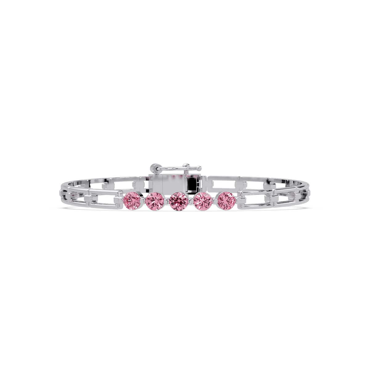 Five-stone round gemstone open-link bracelet in White gold with pink stones