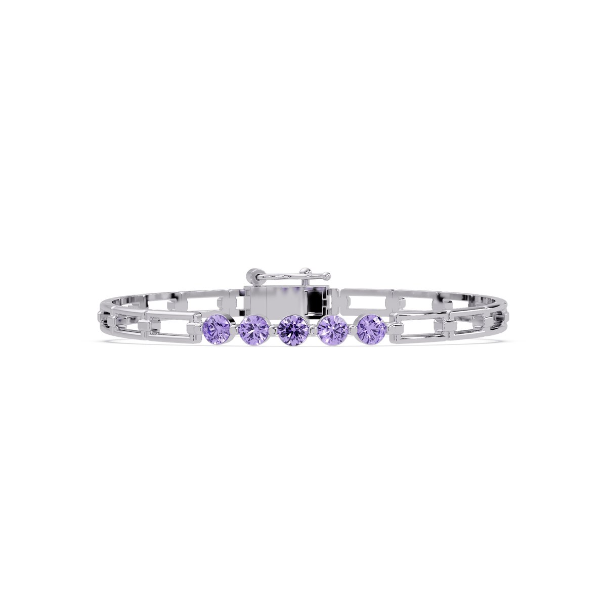 Five-stone round gemstone open-link bracelet in White gold with purple stones
