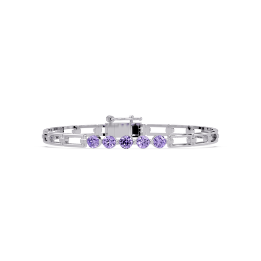 Five-stone round gemstone open-link bracelet in White gold with purple stones