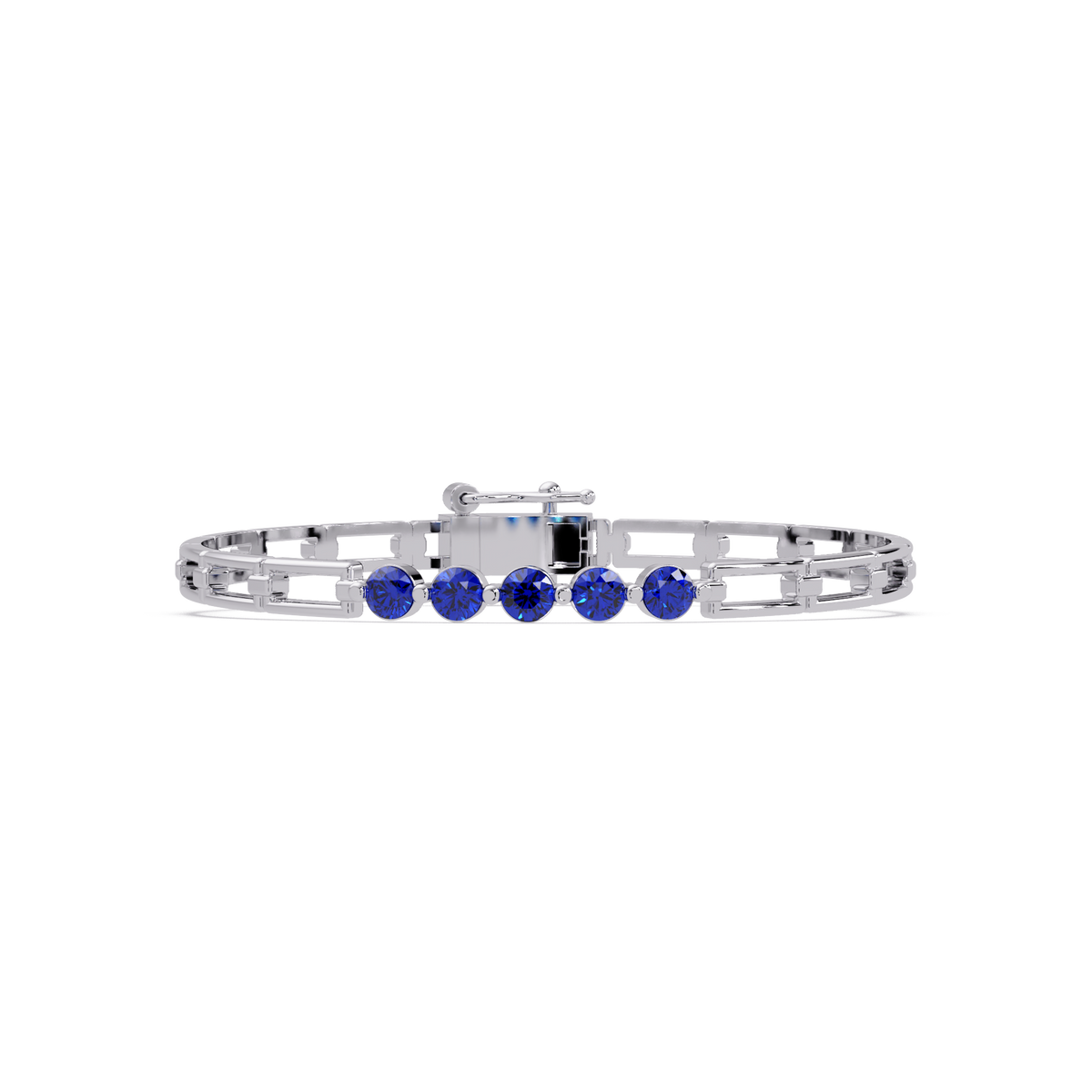 Five-stone round gemstone open-link bracelet in White gold with sapphire stones