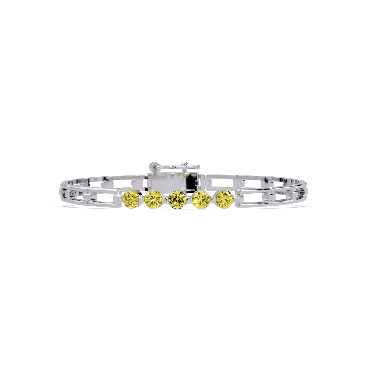 Five-stone round gemstone open-link bracelet in White gold with yellow stones