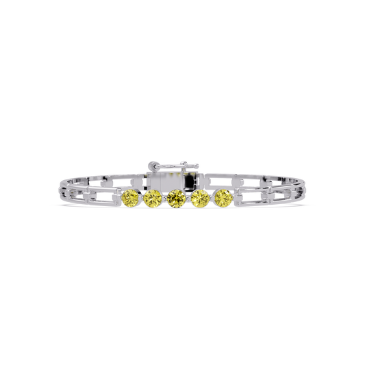 Five-stone round gemstone open-link bracelet in White gold with yellow stones