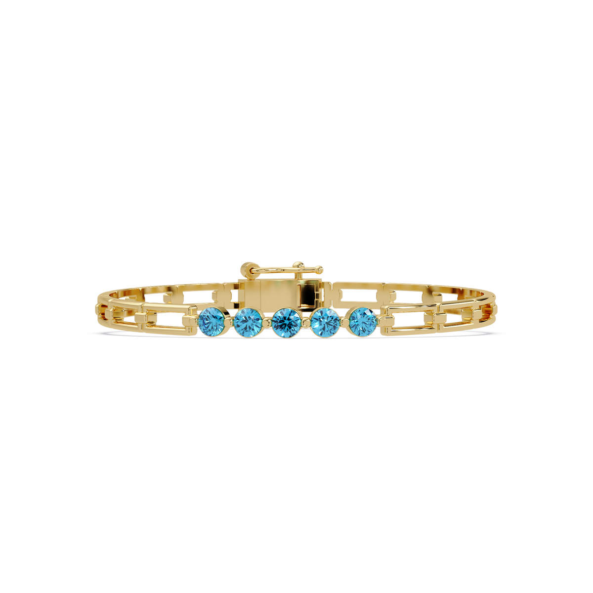 Five-stone round gemstone open-link bracelet in Yellow gold with aquamarine stones
