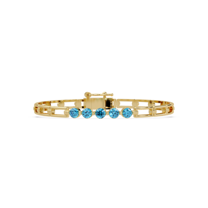Five-stone round gemstone open-link bracelet in Yellow gold with aquamarine stones