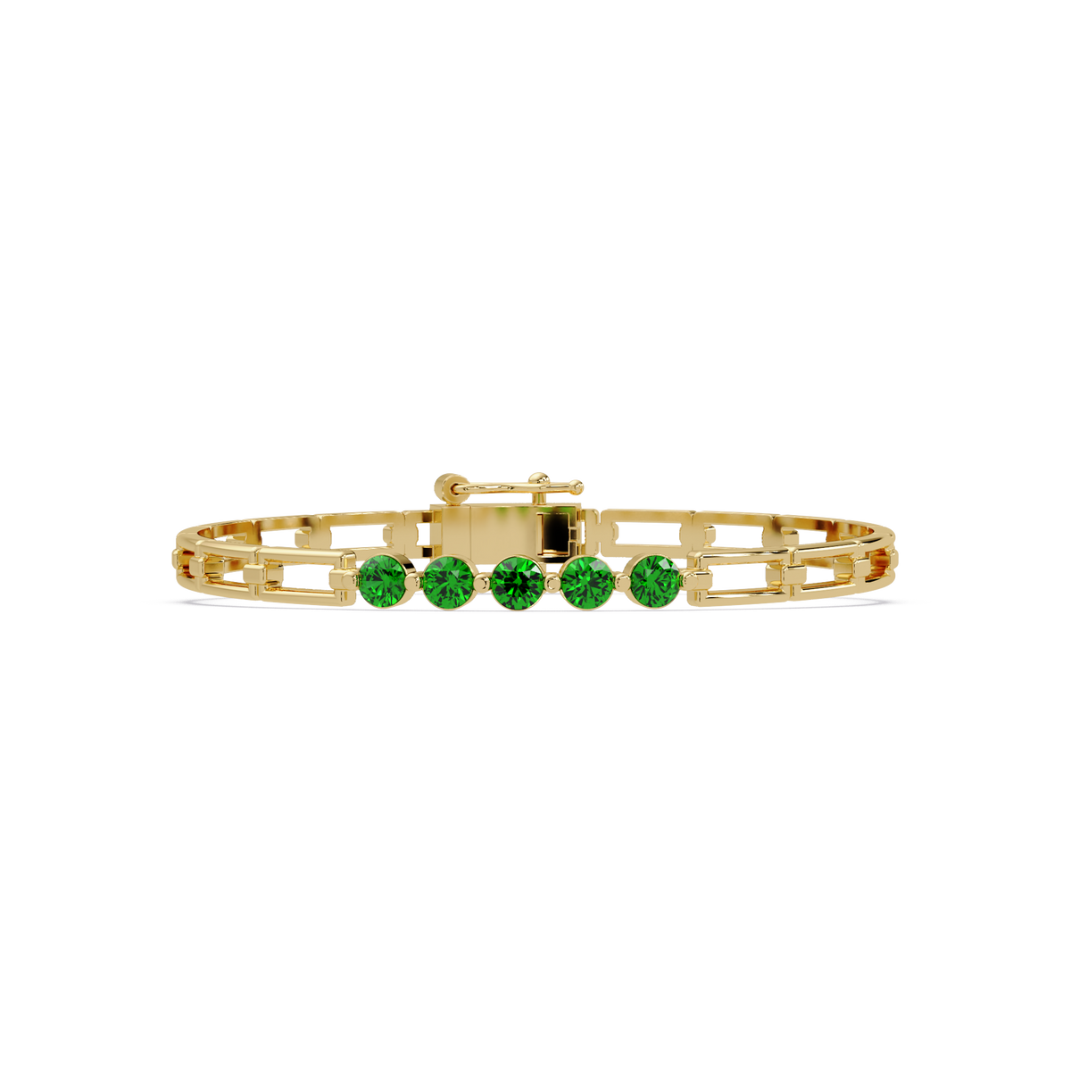 Five-stone round gemstone open-link bracelet in Yellow gold with green stones