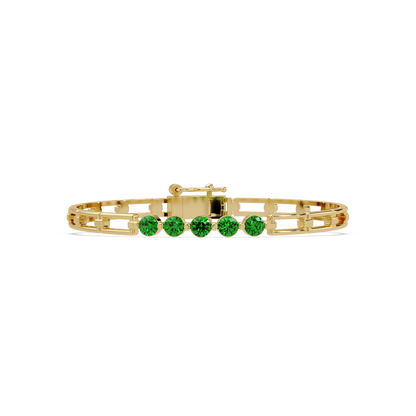 Five-stone round gemstone open-link bracelet in Yellow gold with green stones