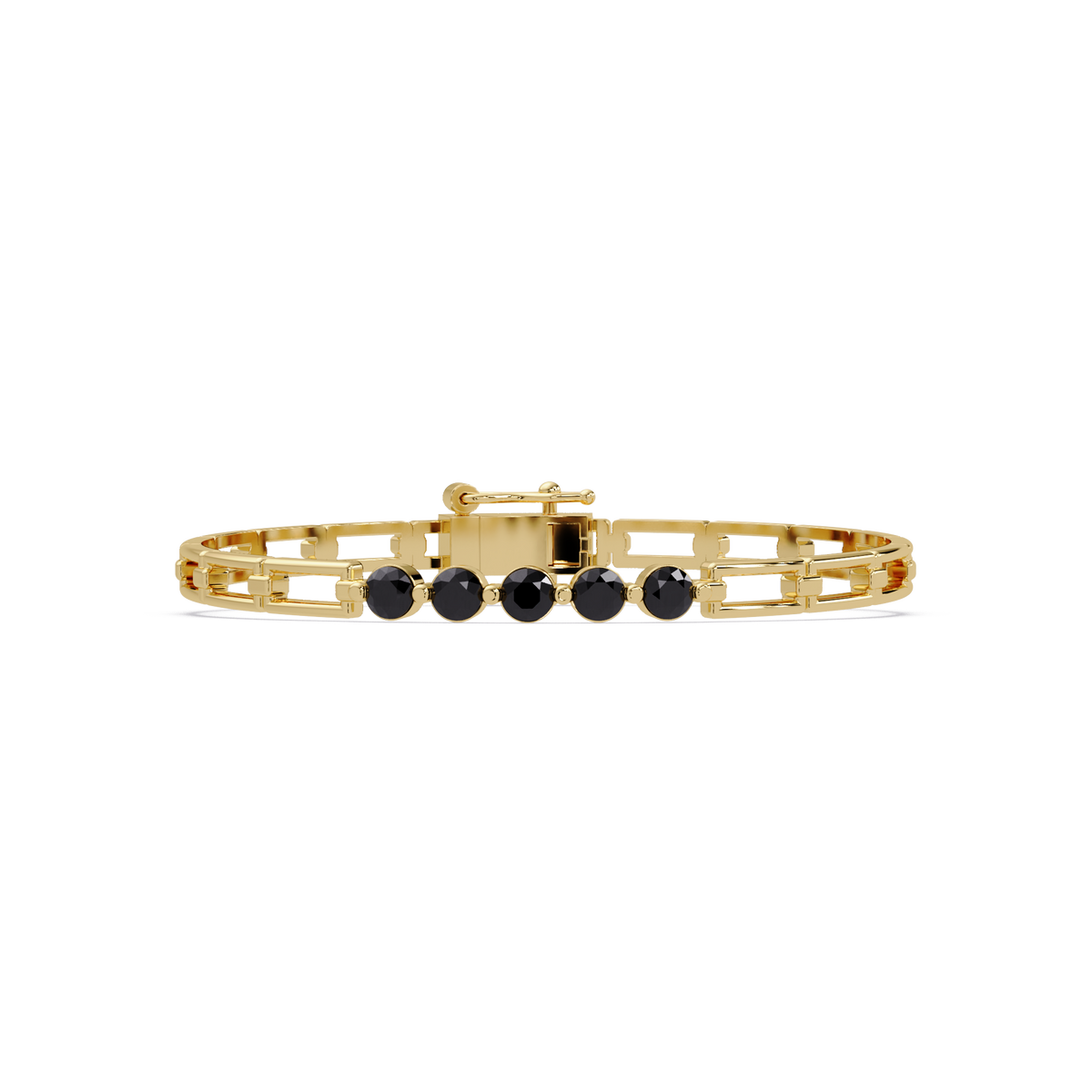 Five-stone round gemstone open-link bracelet in Yellow gold with onyx stones