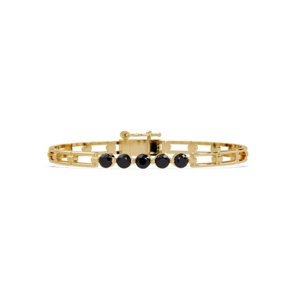 Five-stone round gemstone open-link bracelet in Yellow gold with onyx stones