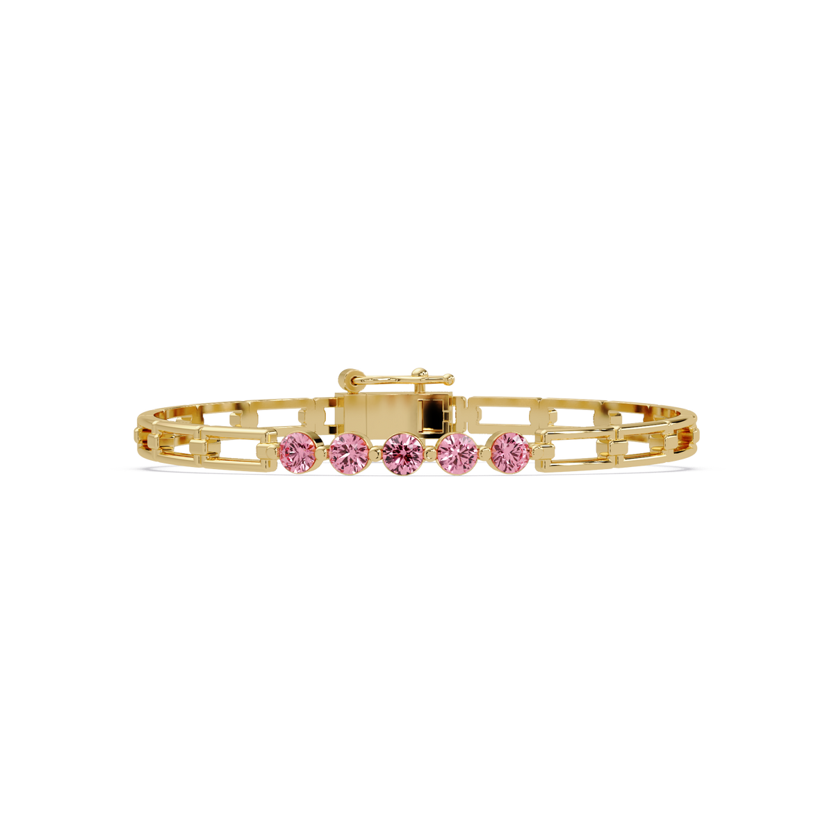 Five-stone round gemstone open-link bracelet in Yellow gold with pink stones