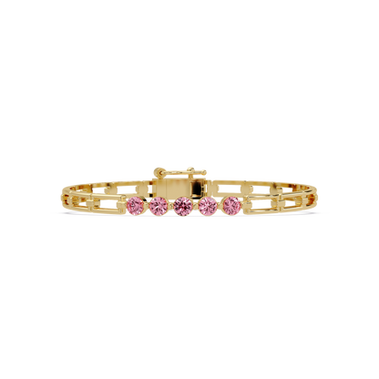 Five-stone round gemstone open-link bracelet in Yellow gold with pink stones
