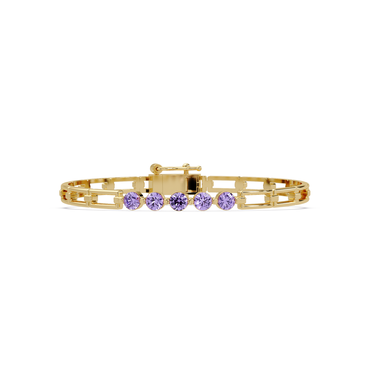 Five-stone round gemstone open-link bracelet in Yellow gold with purple stones