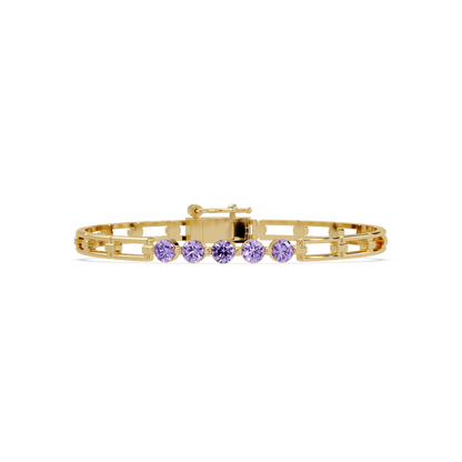 Five-stone round gemstone open-link bracelet in Yellow gold with purple stones