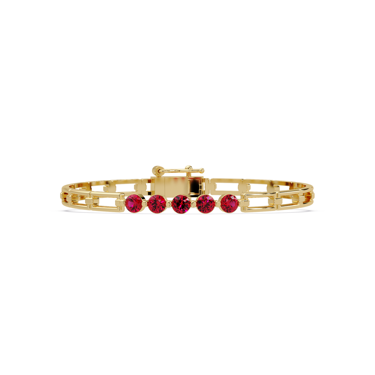 Five-stone round gemstone open-link bracelet in Yellow gold with red stones