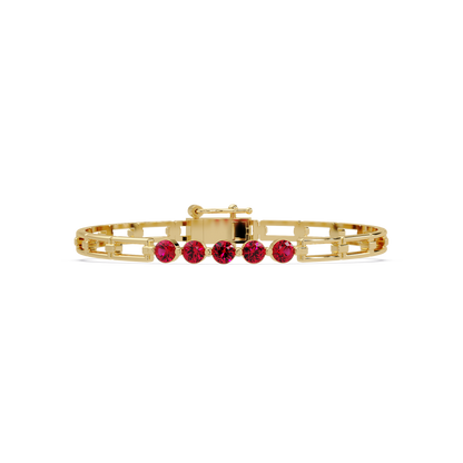 Five-stone round gemstone open-link bracelet in Yellow gold with red stones