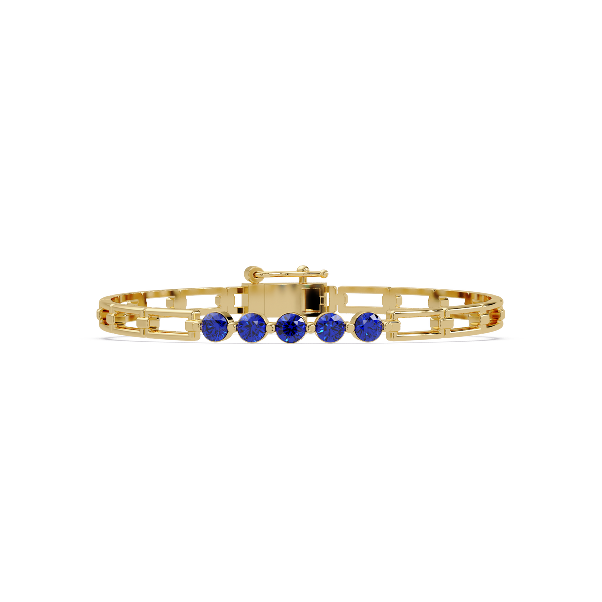 Five-stone round gemstone open-link bracelet in Yellow gold with sapphire stones