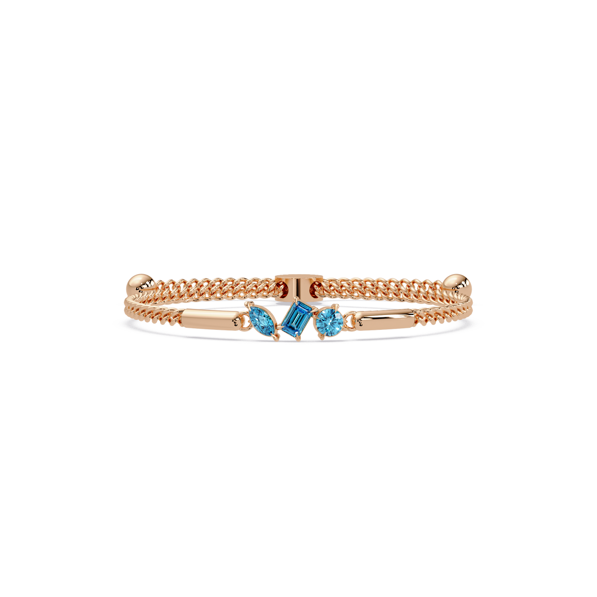 Three-stone mixed-cut colorstone hinged bangle in rose gold with aquamarine stones
