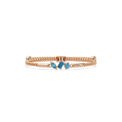 Three-stone mixed-cut colorstone hinged bangle in rose gold with aquamarine stones